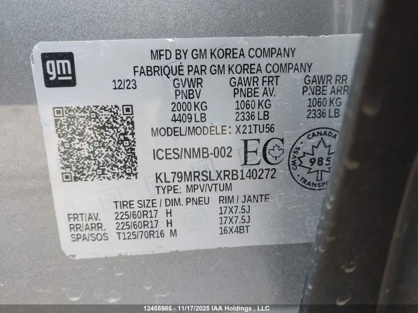 2024 Chevrolet Trailblazer Lt VIN: KL79MRSLXRB140272 Lot: 12455985