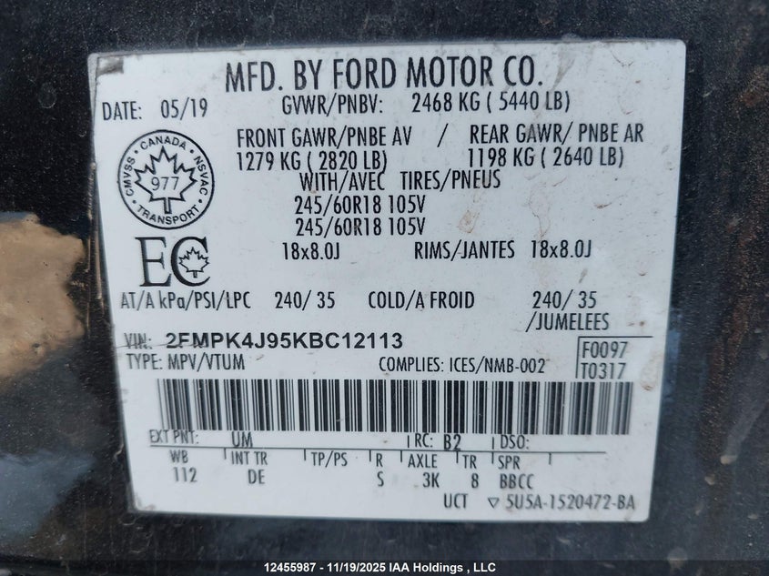 2019 Ford Edge Sel VIN: 2FMPK4J95KBC12113 Lot: 12455987