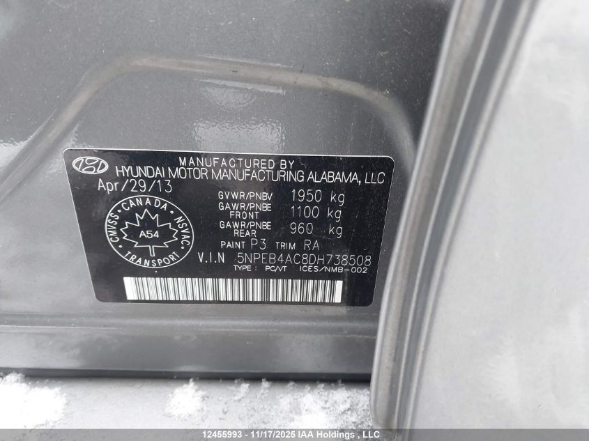 2013 Hyundai Sonata Gls VIN: 5NPEB4AC8DH738508 Lot: 12455993