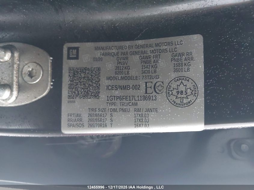 2020 GMC Canyon All Terrain VIN: 1GTP6FE17L1186913 Lot: 12455996