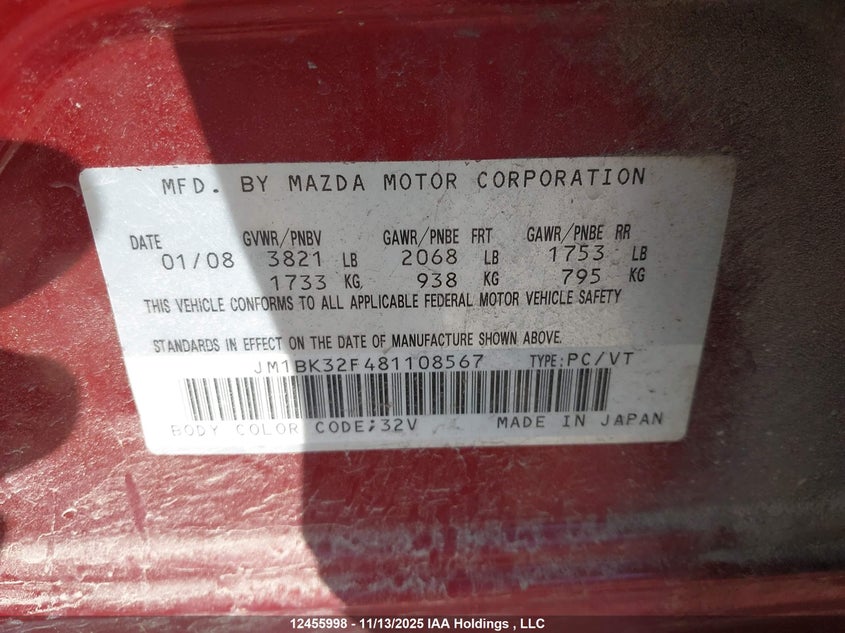 2008 Mazda 3 I VIN: JM1BK32F481108567 Lot: 12455998