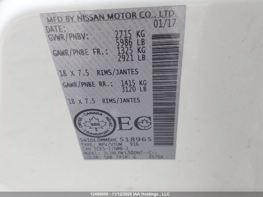 2017 Infiniti Qx60 VIN: 5N1DL0MM6HC518965 Lot: 12456000