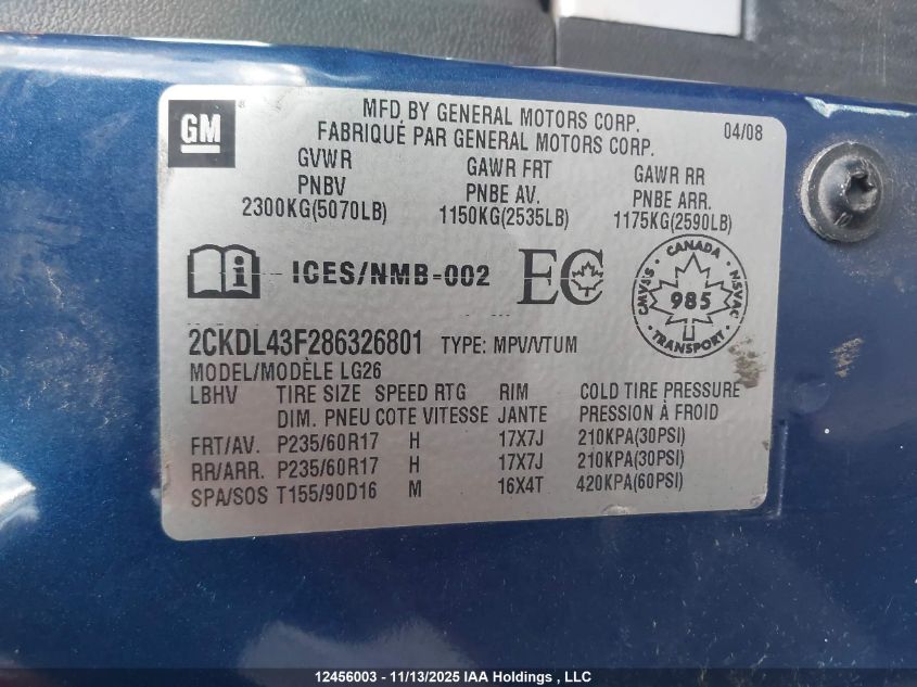 2008 Pontiac Torrent VIN: 2CKDL43F286326801 Lot: 12456003