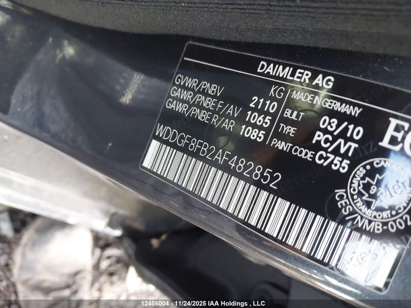 2010 Mercedes-Benz C 250 4Matic VIN: WDDGF8FB2AF482852 Lot: 12456004