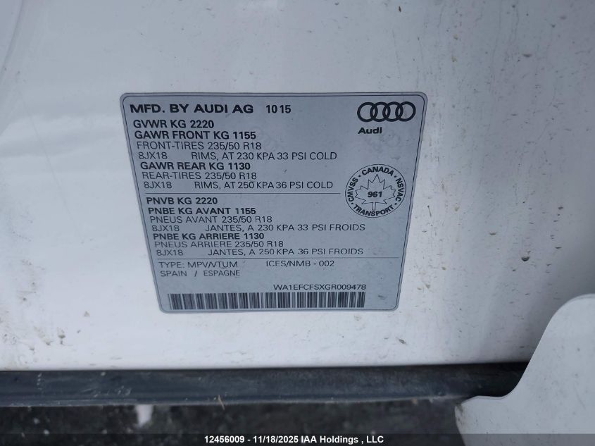 2016 Audi Q3 VIN: WA1EFCFSXGR009478 Lot: 12456009