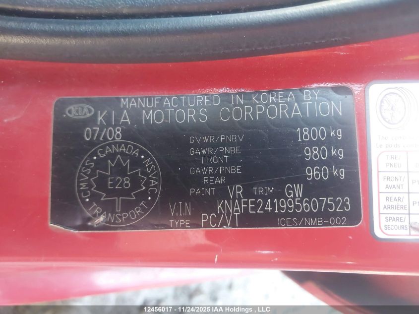 2009 Kia Spectra5 Lx/Lx Convenience/Sx VIN: KNAFE241995607523 Lot: 12456017