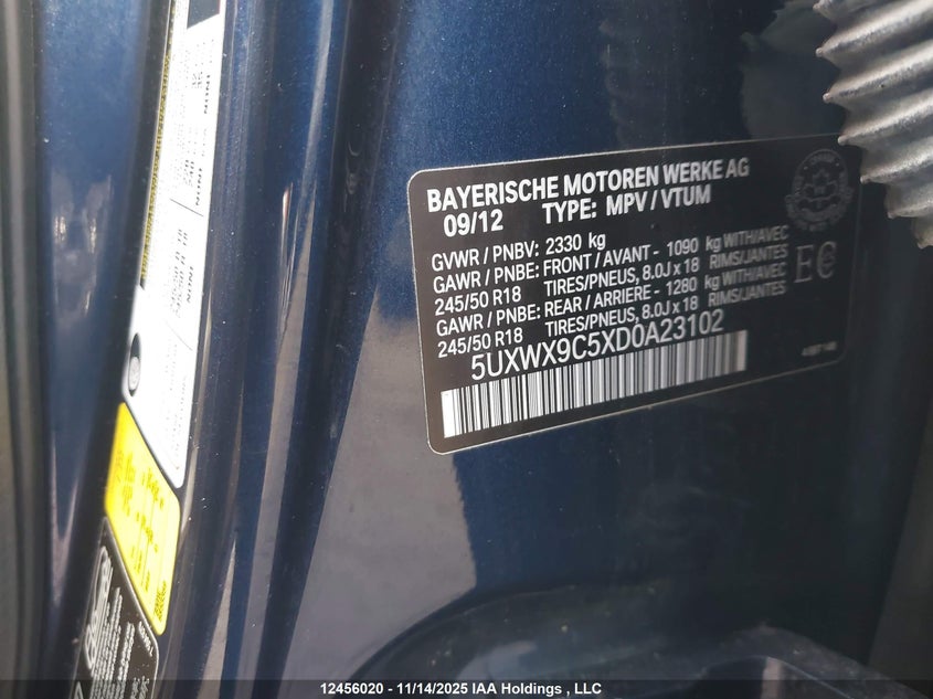 2013 BMW X3 2.8I VIN: 5UXWX9C5XD0A23102 Lot: 12456020