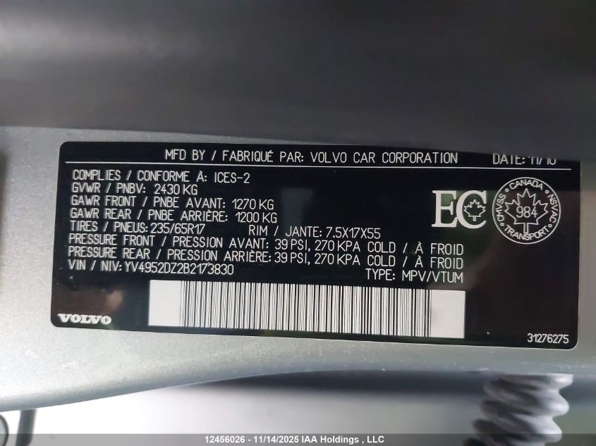 2011 Volvo Xc60 3.2 Level 2 VIN: YV4952DZ2B2173830 Lot: 12456026