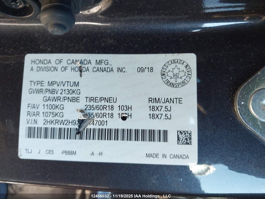 2HKRW2H9XJH147001 2018 HONDA CR-V photo no. 9