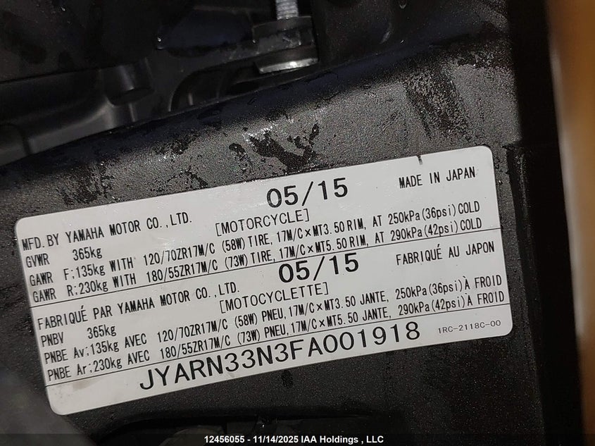 2015 Yamaha Fz09 VIN: JYARN33N3FA001918 Lot: 12456055