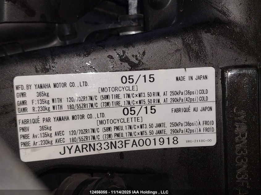 2015 Yamaha Fz09 VIN: JYARN33N3FA001918 Lot: 12456055