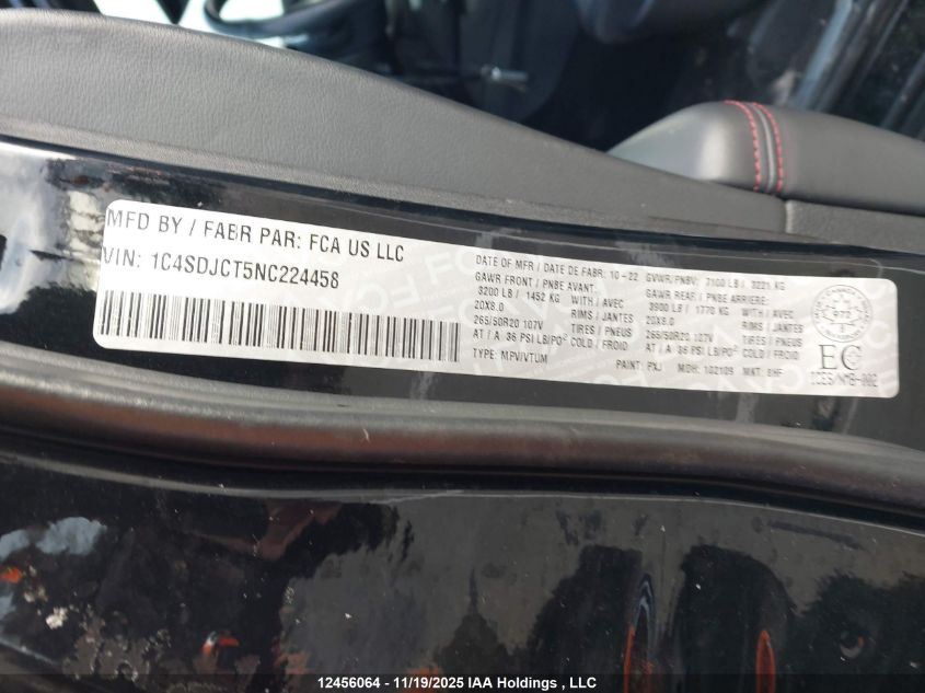 2022 Dodge Durango R/T Plus VIN: 1C4SDJCT5NC224458 Lot: 12456064