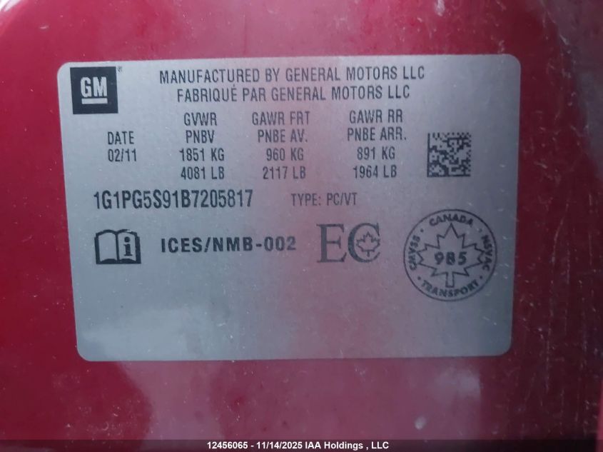 2011 Chevrolet Cruze VIN: 1G1PG5S91B7205817 Lot: 12456065
