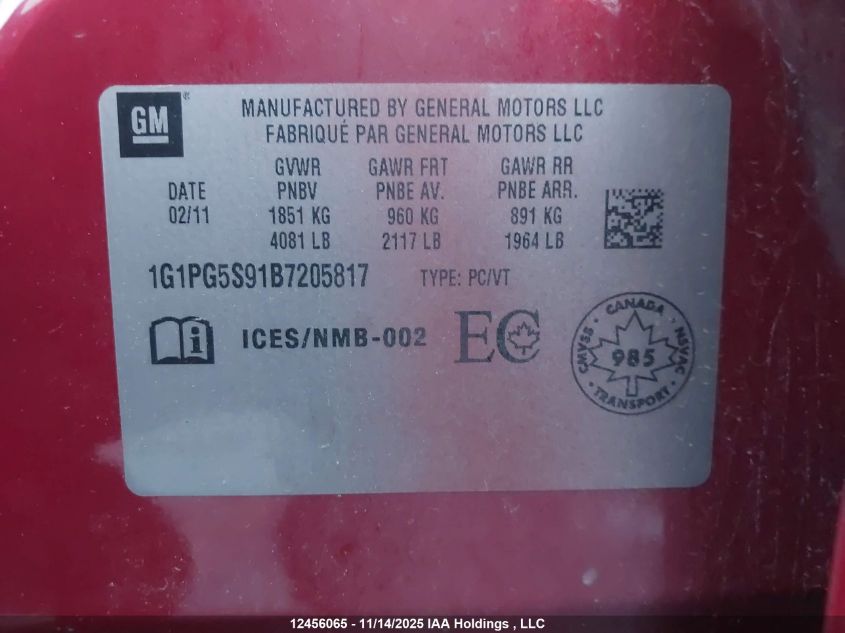 2011 Chevrolet Cruze VIN: 1G1PG5S91B7205817 Lot: 12456065