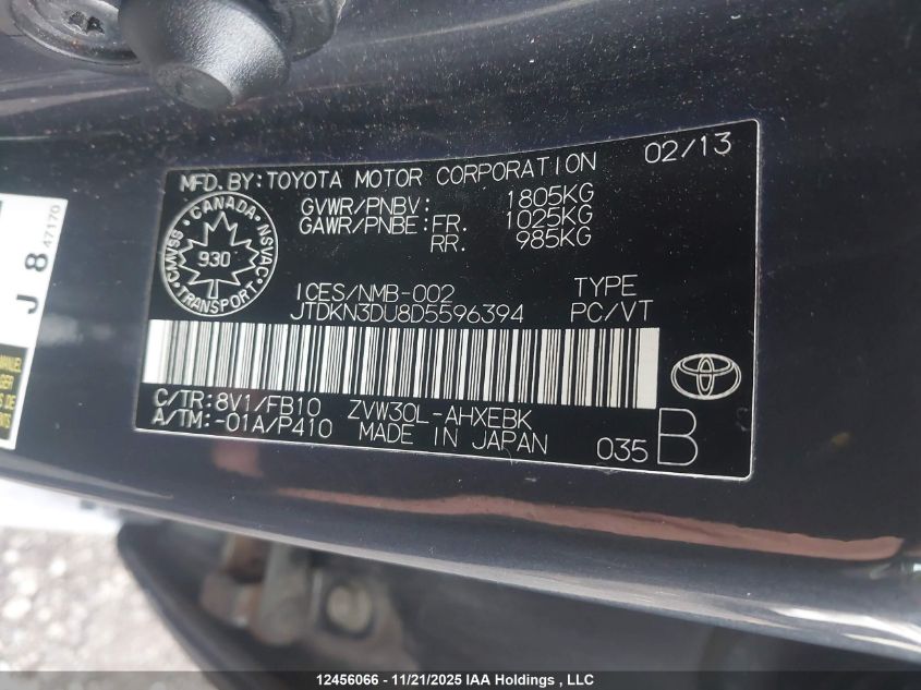 2013 Toyota Prius VIN: JTDKN3DU8D5596394 Lot: 12456066