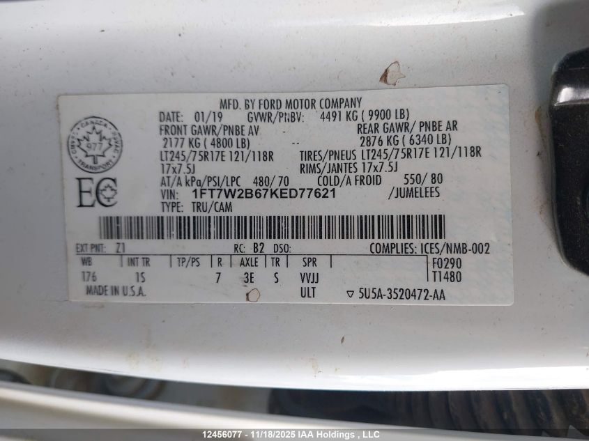 2019 Ford F-250 Xl VIN: 1FT7W2B67KED77621 Lot: 12456077