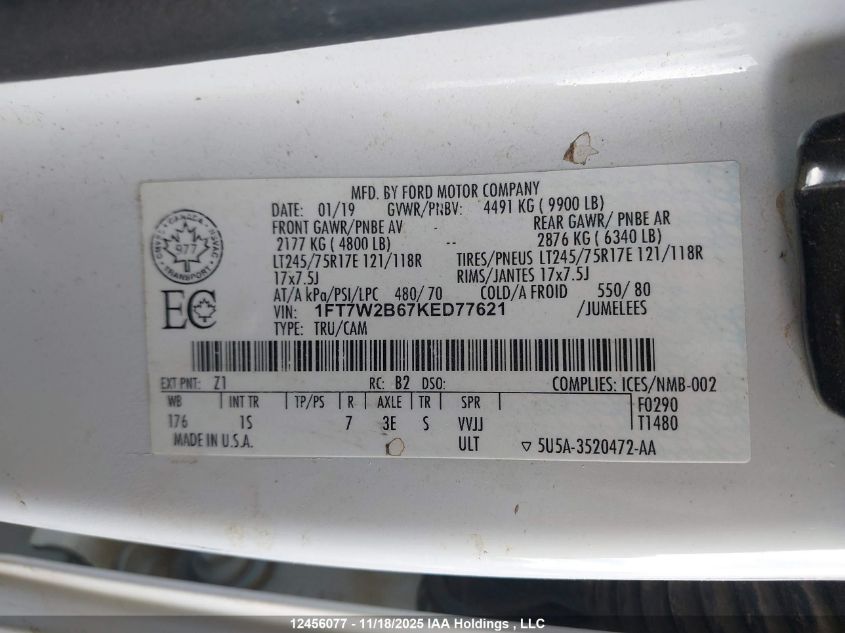 2019 Ford F-250 Xl VIN: 1FT7W2B67KED77621 Lot: 12456077