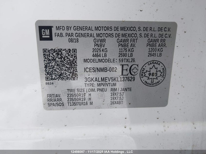 2019 GMC Terrain Sle VIN: 3GKALMEV5KL137629 Lot: 12456087