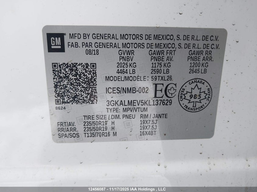 2019 GMC Terrain Sle VIN: 3GKALMEV5KL137629 Lot: 12456087