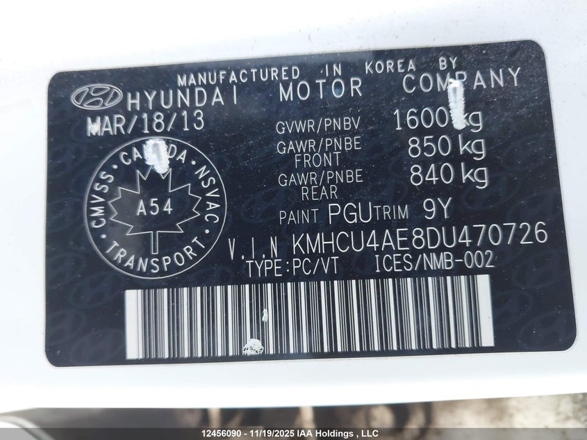 2013 Hyundai Accent VIN: KMHCU4AE8DU470726 Lot: 12456090