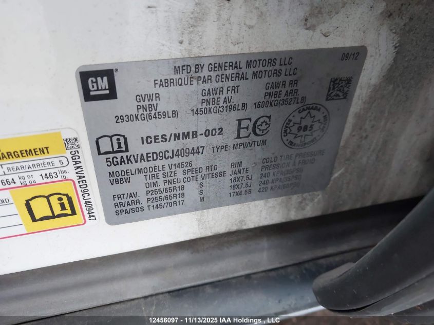 2012 Buick Enclave VIN: 5GAKVAED9CJ409447 Lot: 12456097