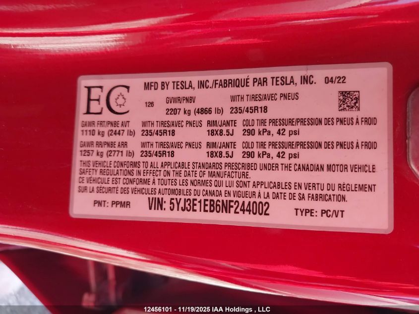 2022 Tesla Model 3 VIN: 5YJ3E1EB6NF244002 Lot: 12456101