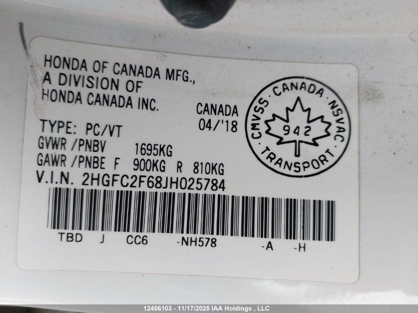 2018 Honda Civic VIN: 2HGFC2F68JH025784 Lot: 12456103