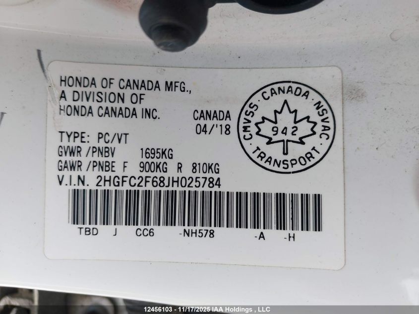 2018 Honda Civic VIN: 2HGFC2F68JH025784 Lot: 12456103