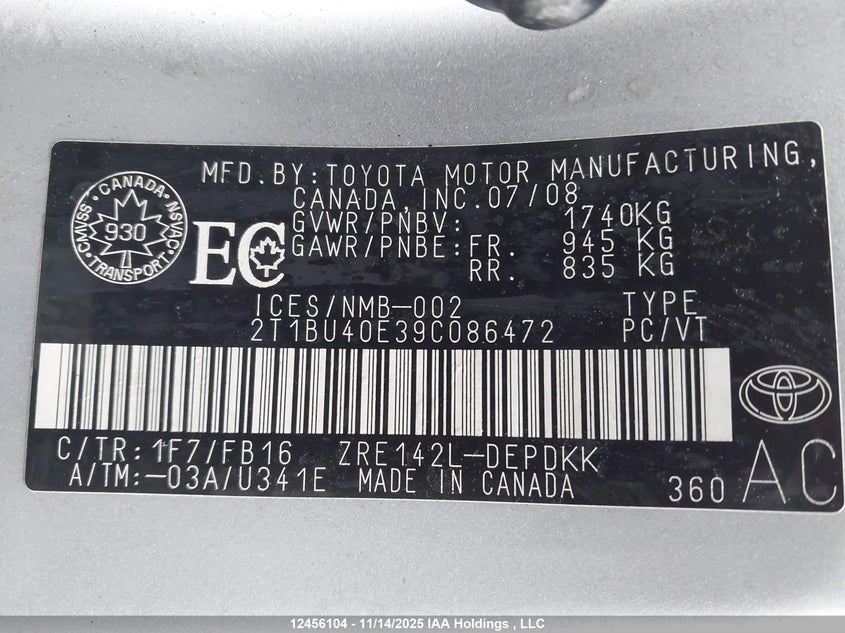 2T1BU40E39C086472 2009 TOYOTA COROLLA photo no. 9