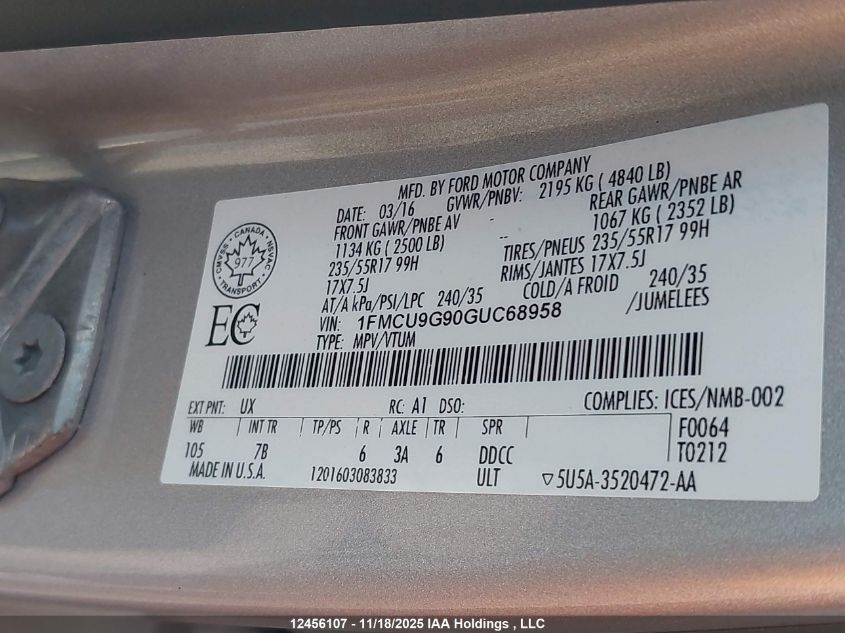 2016 Ford Escape Se VIN: 1FMCU9G90GUC68958 Lot: 12456107