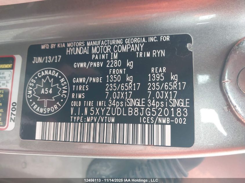 2018 Hyundai Santa Fe VIN: 5XYZUDLB8JG520183 Lot: 12456113