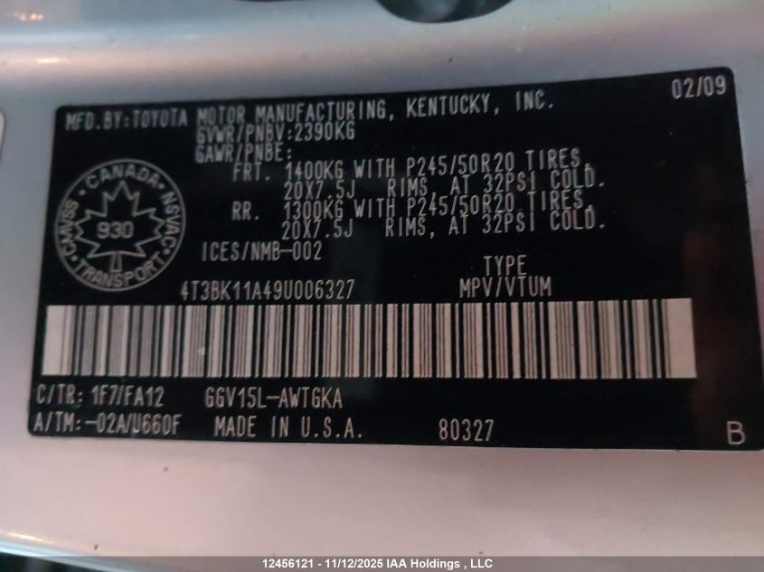 2009 Toyota Venza VIN: 4T3BK11A49U006327 Lot: 12456121