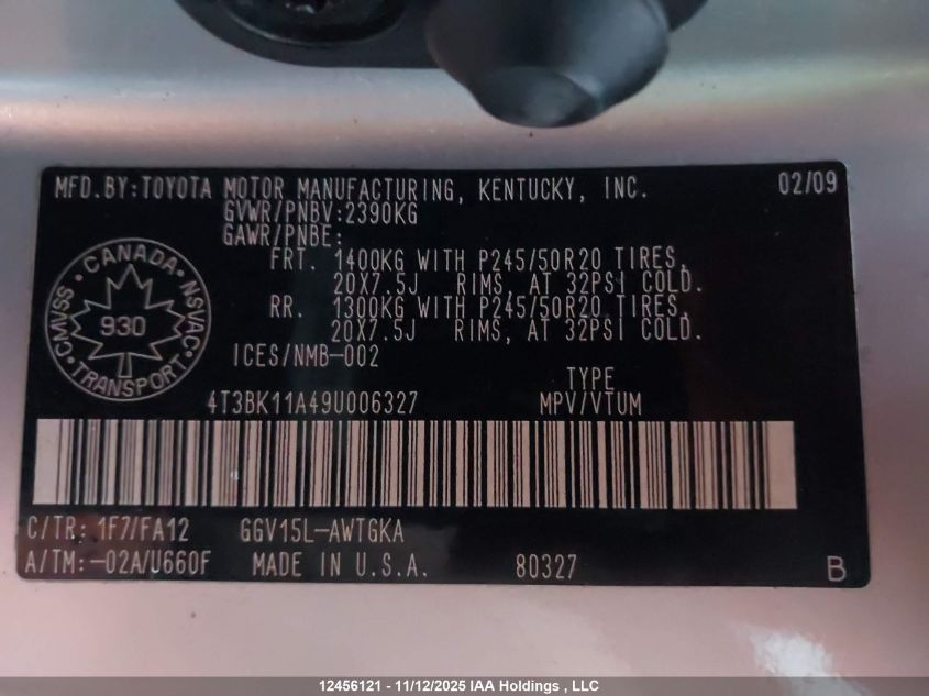 2009 Toyota Venza VIN: 4T3BK11A49U006327 Lot: 12456121