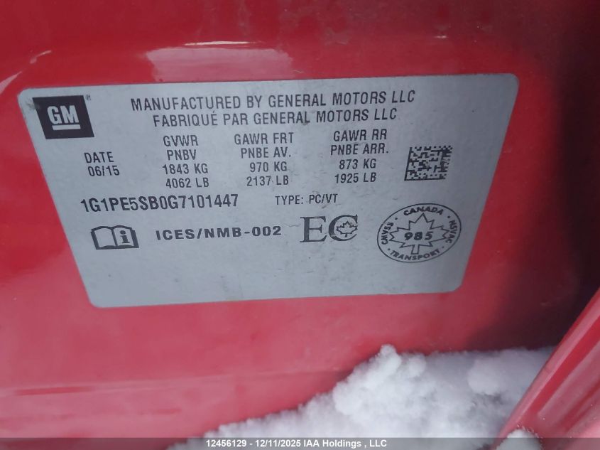 2016 Chevrolet Cruze VIN: 1G1PE5SB0G7101447 Lot: 12456129