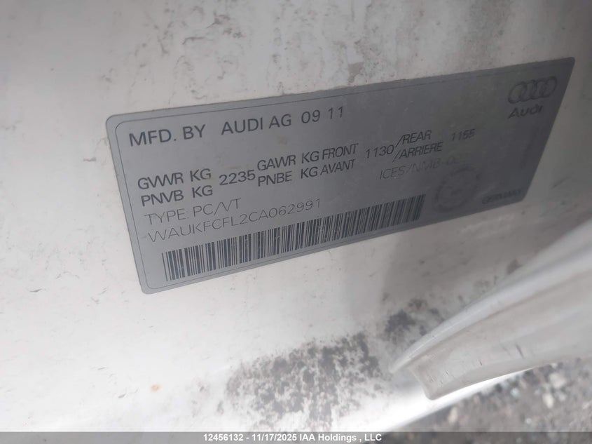 2012 Audi A4 VIN: WAUKFCFL2CA062991 Lot: 12456132