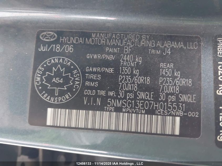 2007 Hyundai Santa Fe Gl V6 VIN: 5NMSG13E07H015531 Lot: 12456133