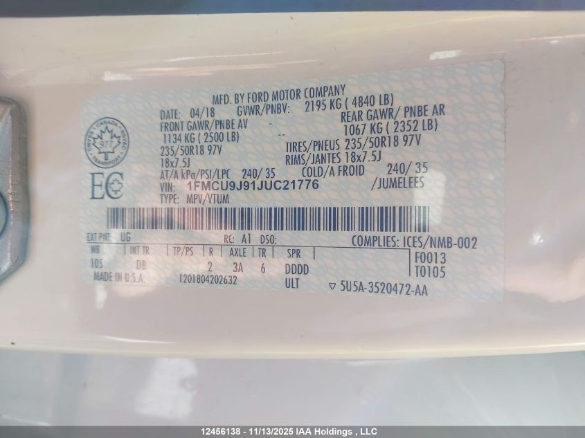 2018 Ford Escape VIN: 1FMCU9J91JUC21776 Lot: 12456138