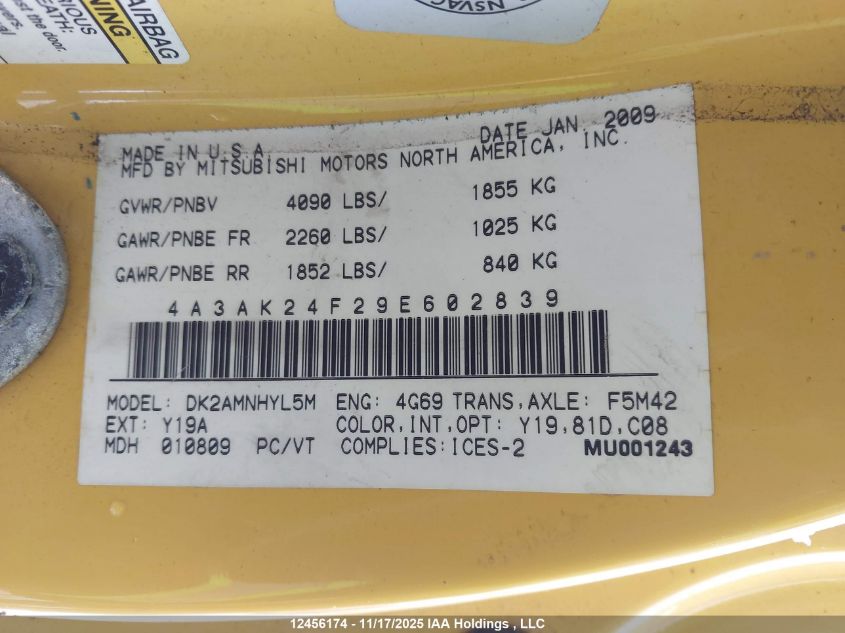 2009 Mitsubishi Eclipse Gs VIN: 4A3AK24F29E602839 Lot: 12456174