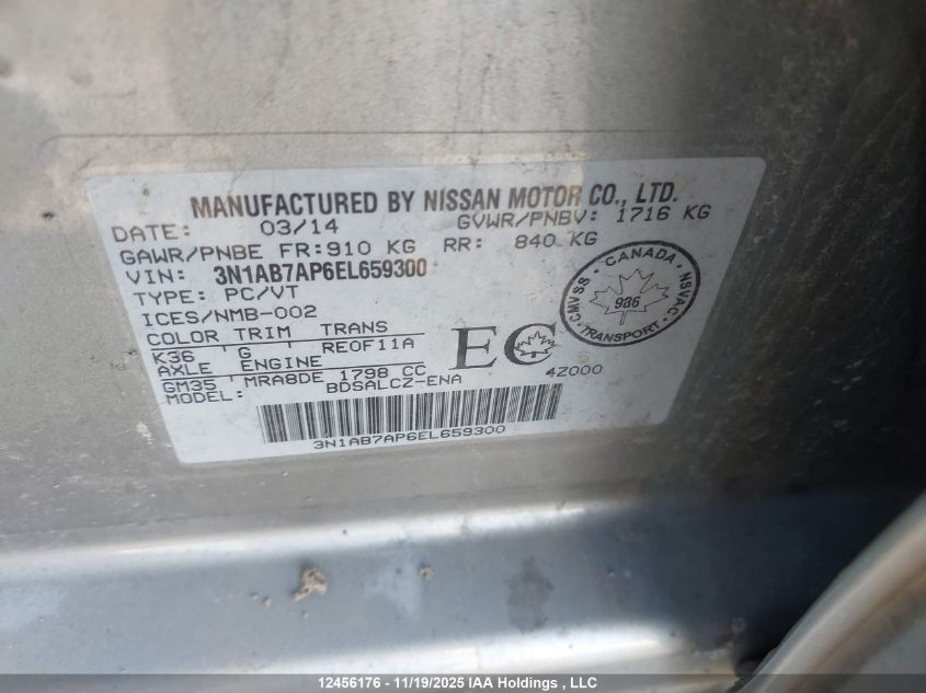 2014 Nissan Sentra 1.8 S/1.8 Sl/1.8 Sr/1.8 Sv VIN: 3N1AB7AP6EL659300 Lot: 12456176