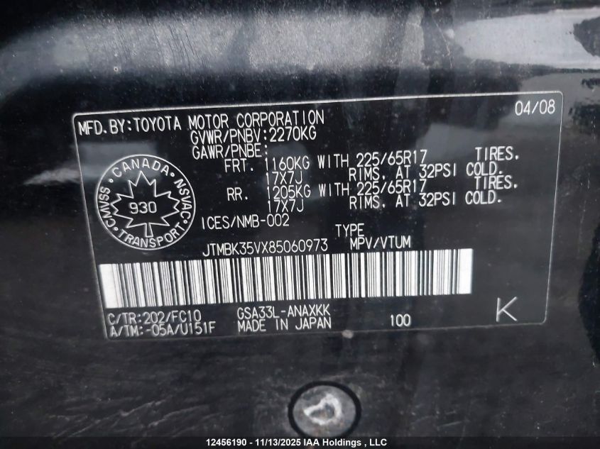 2008 Toyota Rav4 VIN: JTMBK35VX85060973 Lot: 12456190