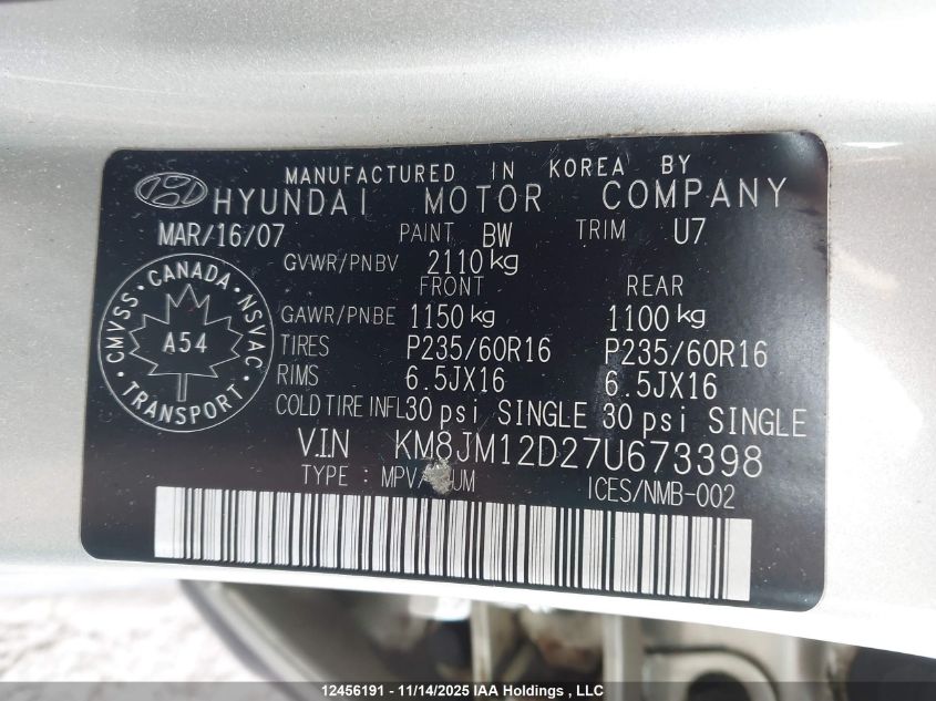 2007 Hyundai Tucson Gl VIN: KM8JM12D27U673398 Lot: 12456191