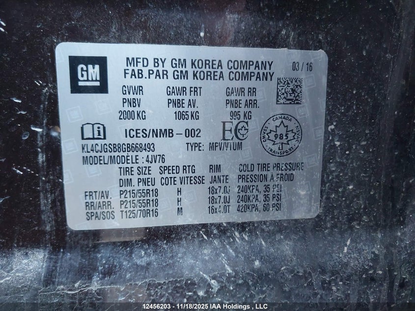 2016 Buick Encore VIN: KL4CJGSB8GB668493 Lot: 12456203