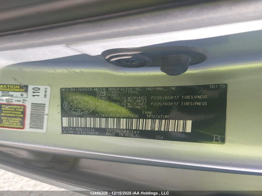 2015 Toyota Sienna Le 8 Passenger VIN: 5TDKK3DCXFS671836 Lot: 12456208