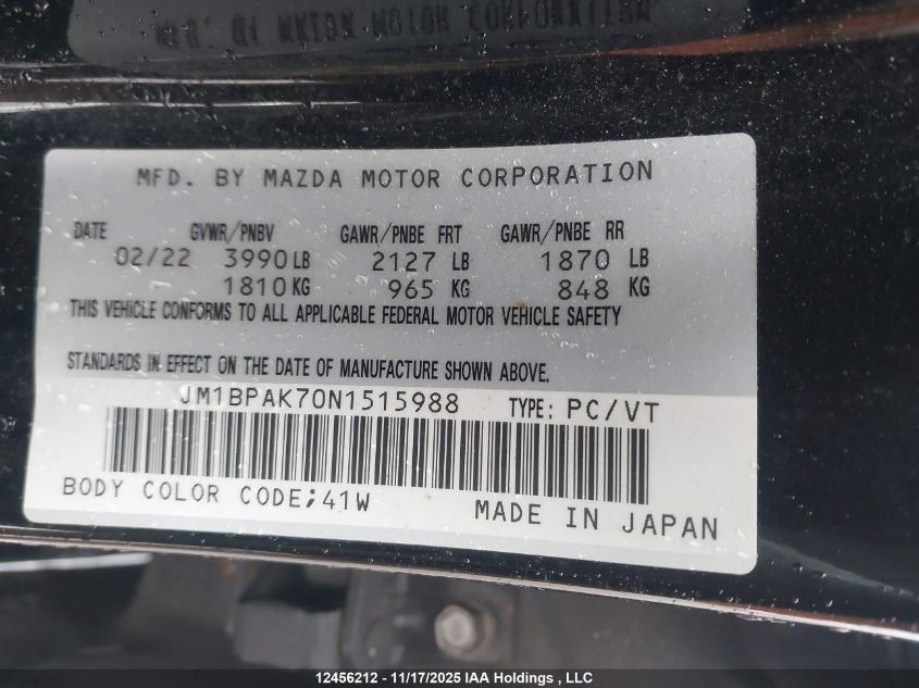 2022 Mazda Mazda3 Gx VIN: JM1BPAK70N1515988 Lot: 12456212