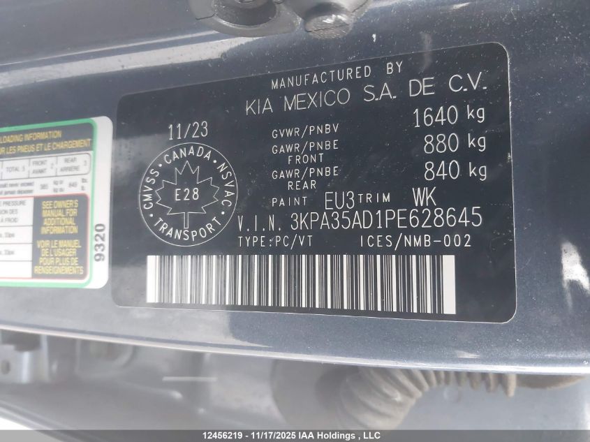 2023 Kia Rio Ex Premium VIN: 3KPA35AD1PE628645 Lot: 12456219