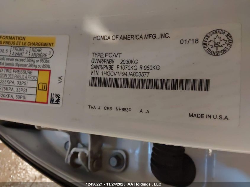2018 Honda Accord Touring VIN: 1HGCV1F94JA803577 Lot: 12456221
