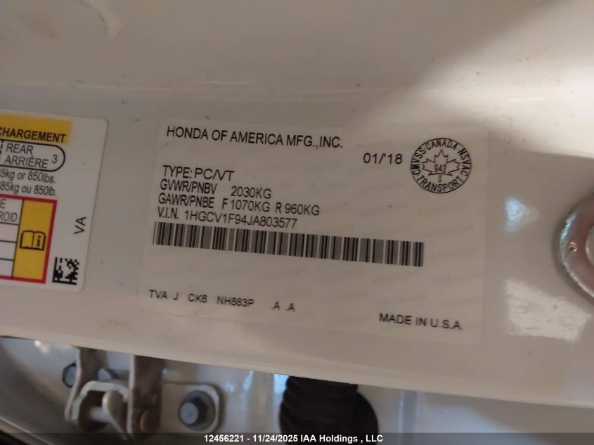 2018 Honda Accord Touring VIN: 1HGCV1F94JA803577 Lot: 12456221
