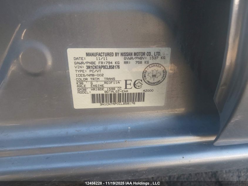 2012 Nissan Versa S/Sv/Sl VIN: 3N1CN7AP0CL858176 Lot: 12456228