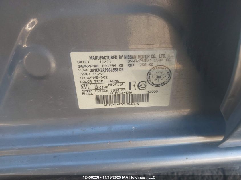 2012 Nissan Versa S/Sv/Sl VIN: 3N1CN7AP0CL858176 Lot: 12456228
