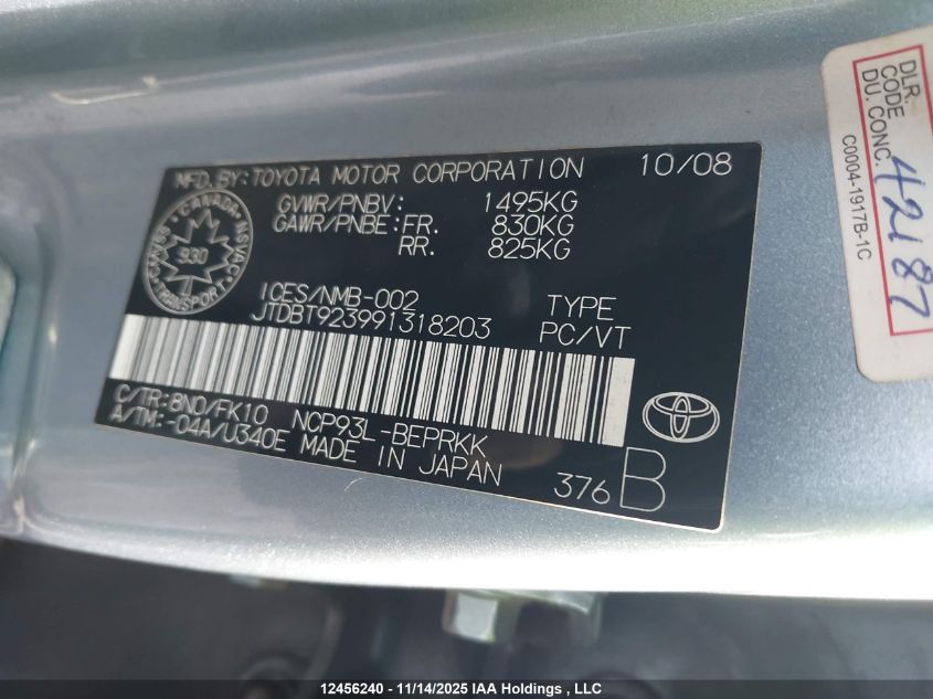 2009 Toyota Yaris VIN: JTDBT923991318203 Lot: 12456240